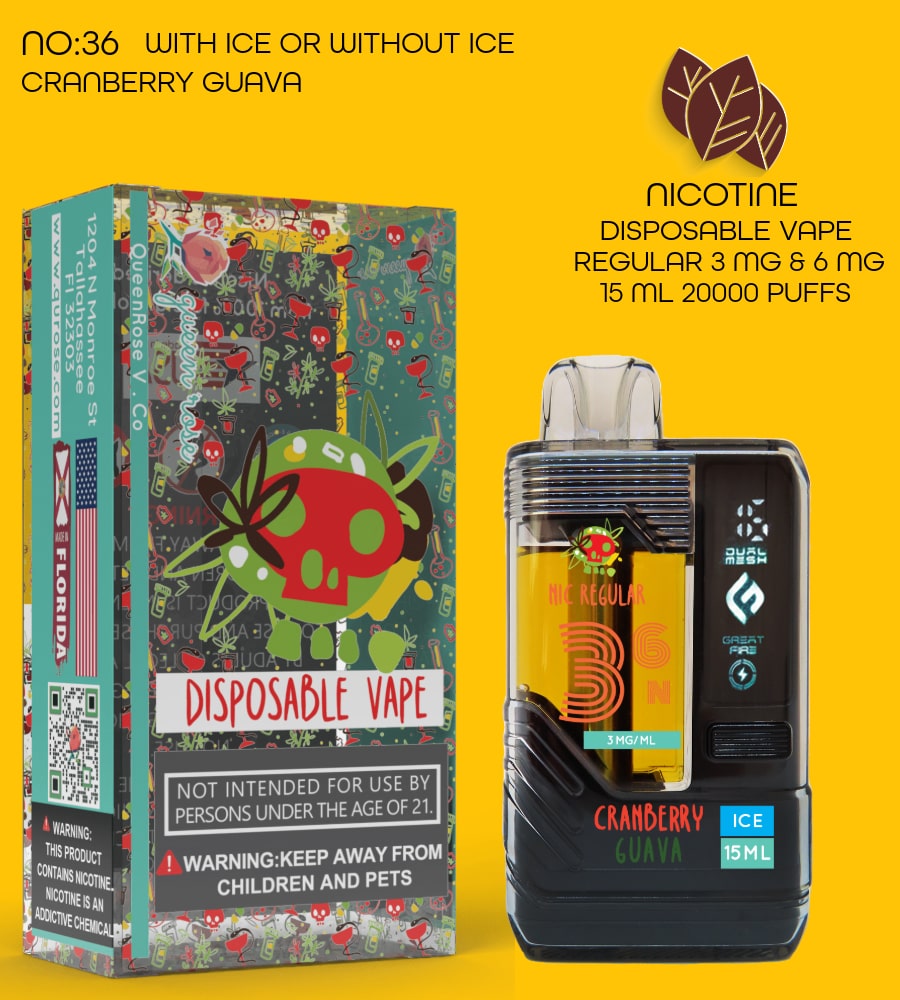 CRANBERRY GUAVA 20000 PUFFS VAPE NICOTINE REGULAR WITH ICE OR WITHOUT ICE 15 ML NO:36