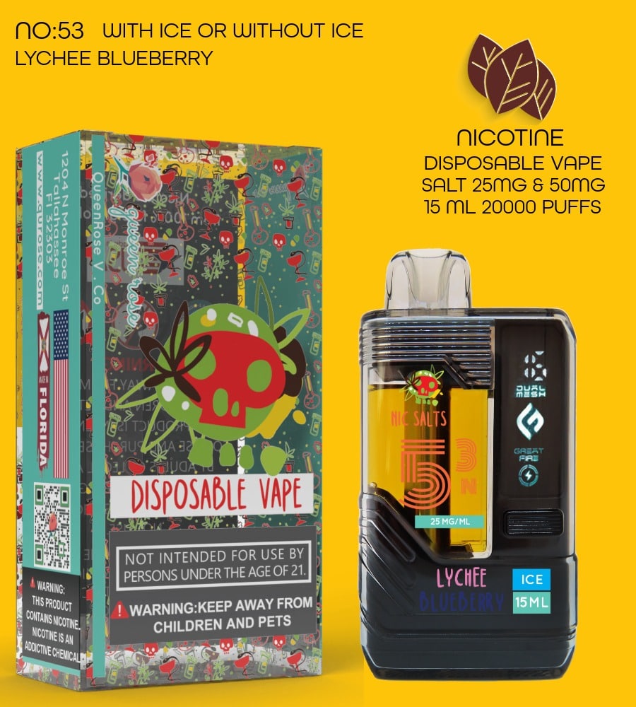 LYCHEE BLUEBERRY  20000 PUFFS  VAPE NICOTINE SALT WITH ICE OR WITHOUT ICE   15 ML NO:53