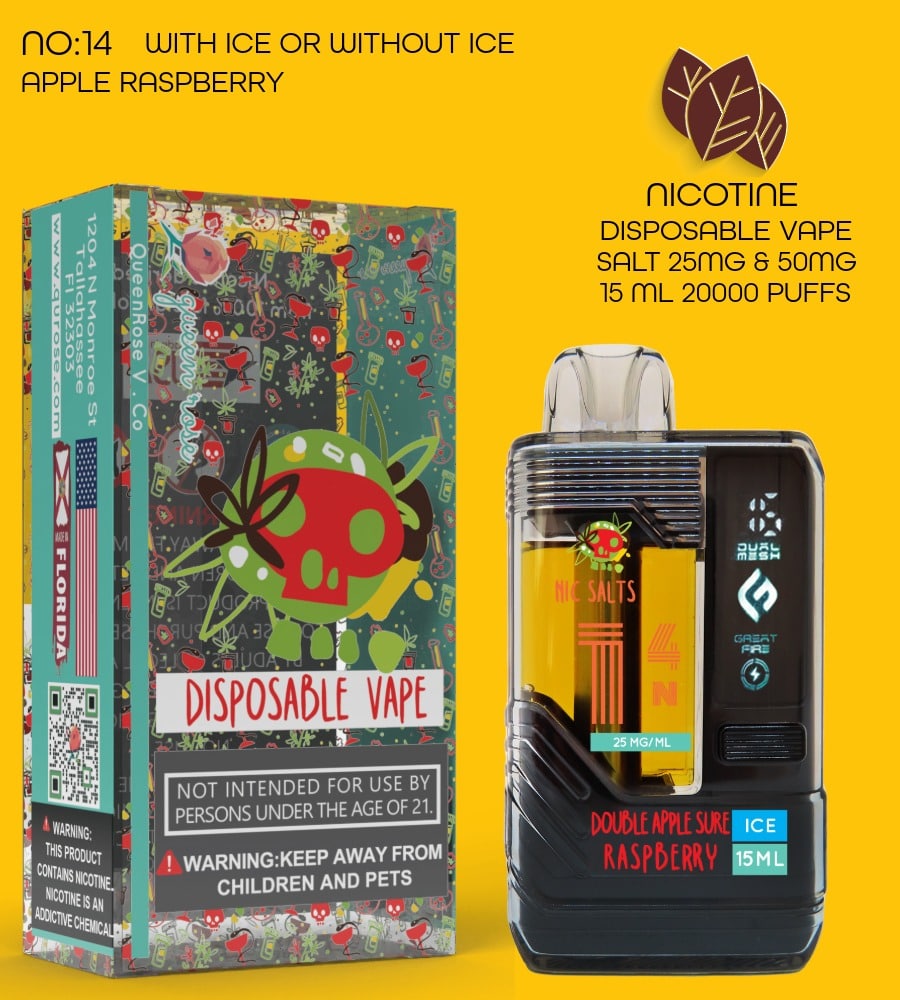 APPLE RASPBERRY  20000 PUFFS VAPE NICOTINE SALT WITH ICE OR WITHOUT ICE 15 ML NO:14